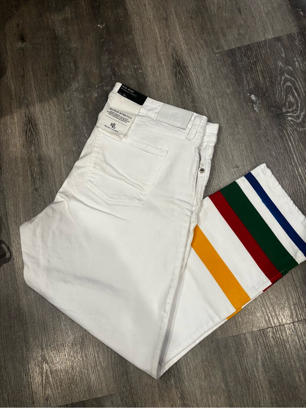 Ralph Lauren White Slim Straight Jeans with Colorblock Stripe Cuff